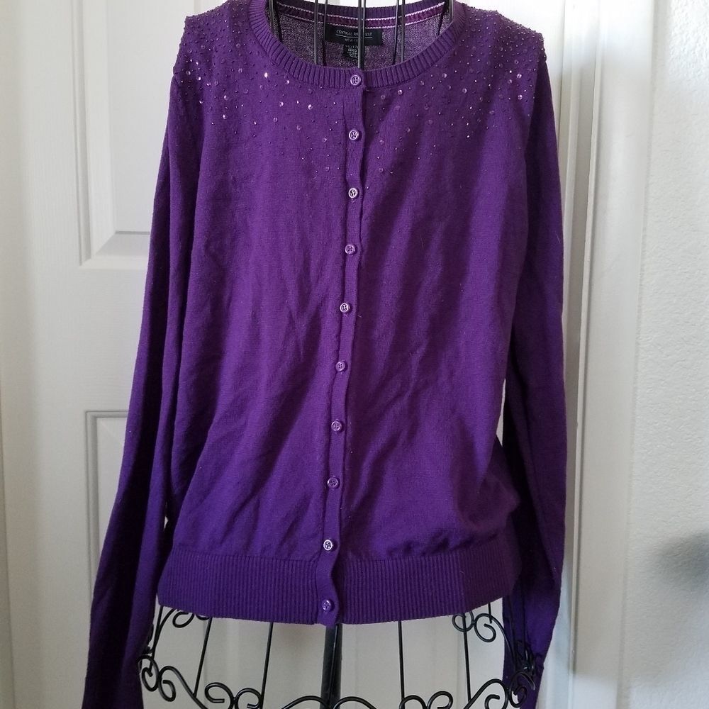 Central Park West NY Purple Cardigan – Bead Accents, Women’s Size XXL